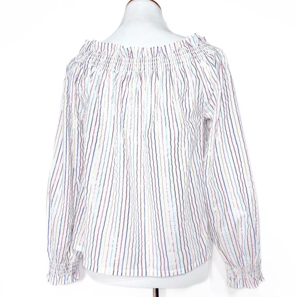 Boden Metallic Colorful Stripe Off The Shoulder Smocked 3/4 Sleeve Peasant Top S - Picture 8 of 13
